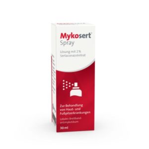Eine Packung mykosert spray, dies wird zur Therapie einer Fupßilzinfektion eingesetzt.